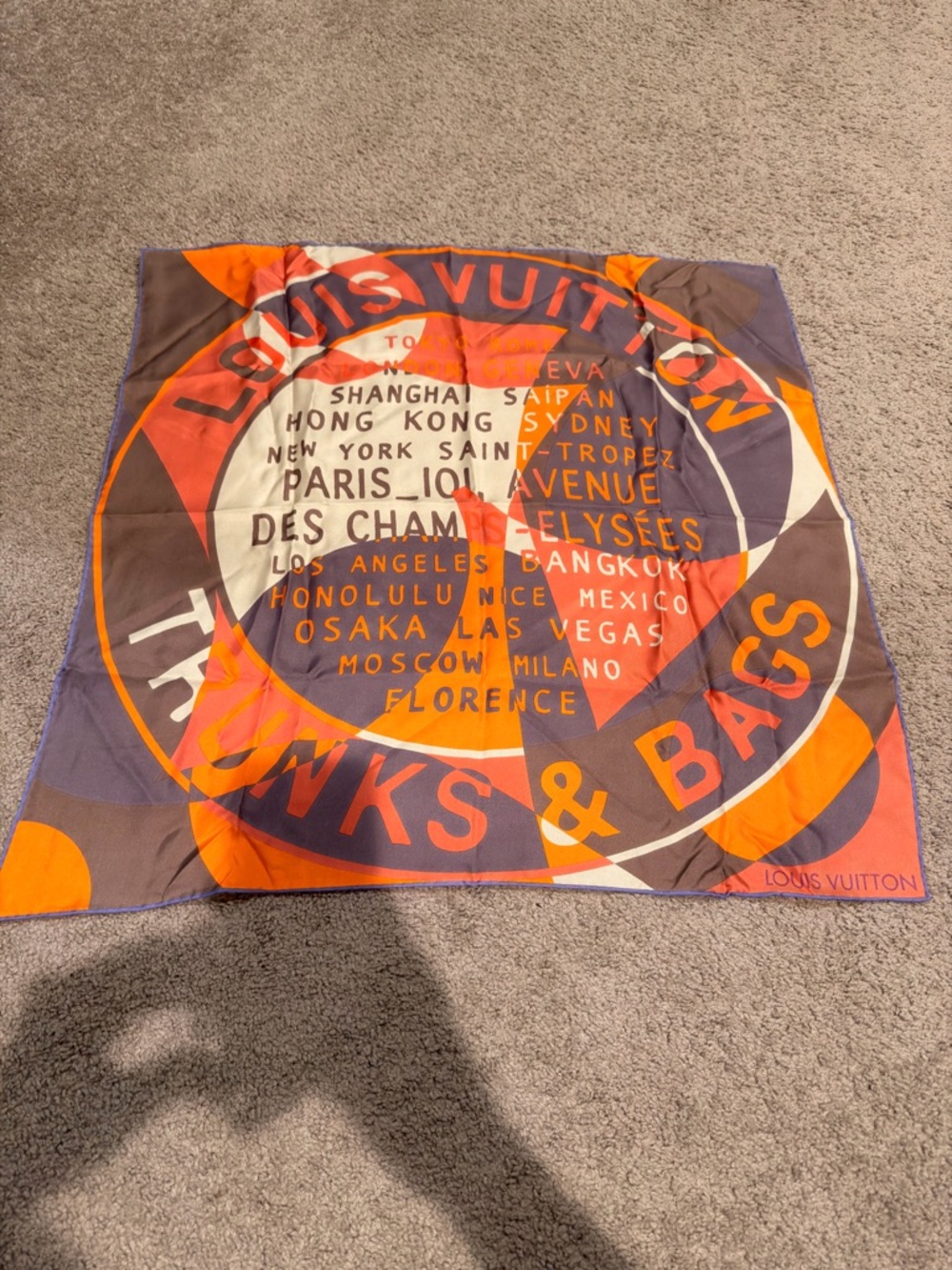 Louis Vuitton Purple, Orange & Brown Silk Logo Scarf